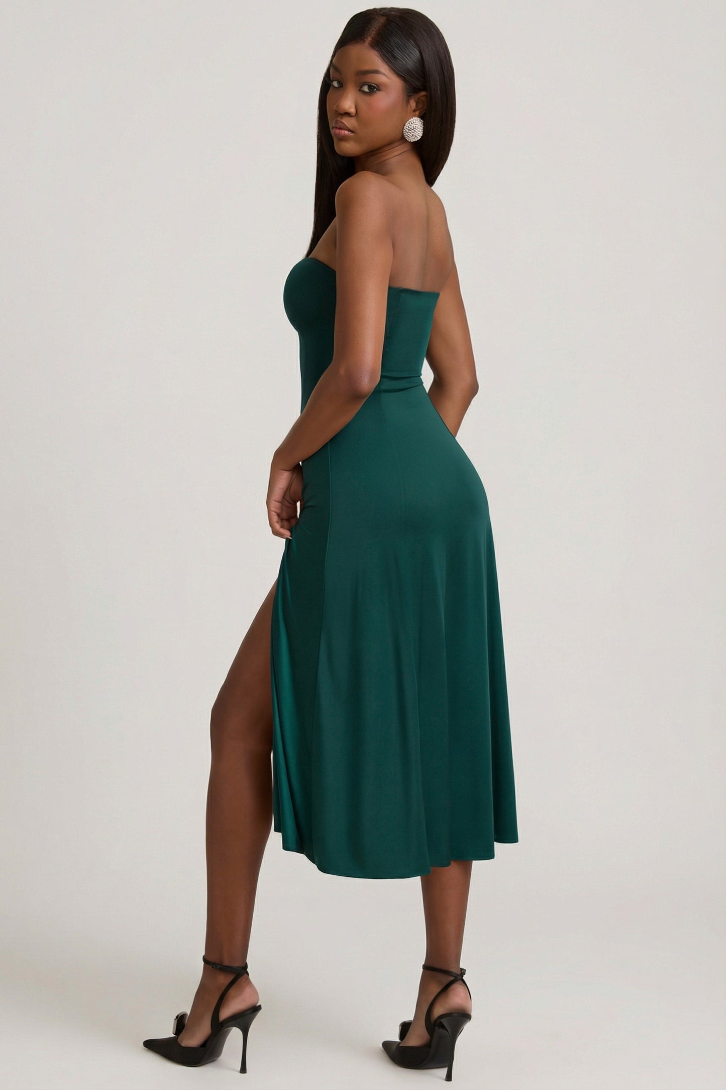 Slinky Jersey Strapless A-Line Midaxi Dress in Emerald Green